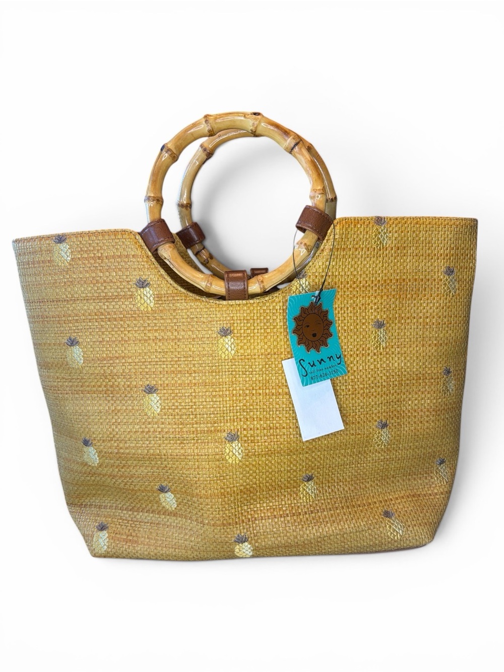 Yellow Pineapple Straw Beach Tote with Bamboo Handles By Sunny New!